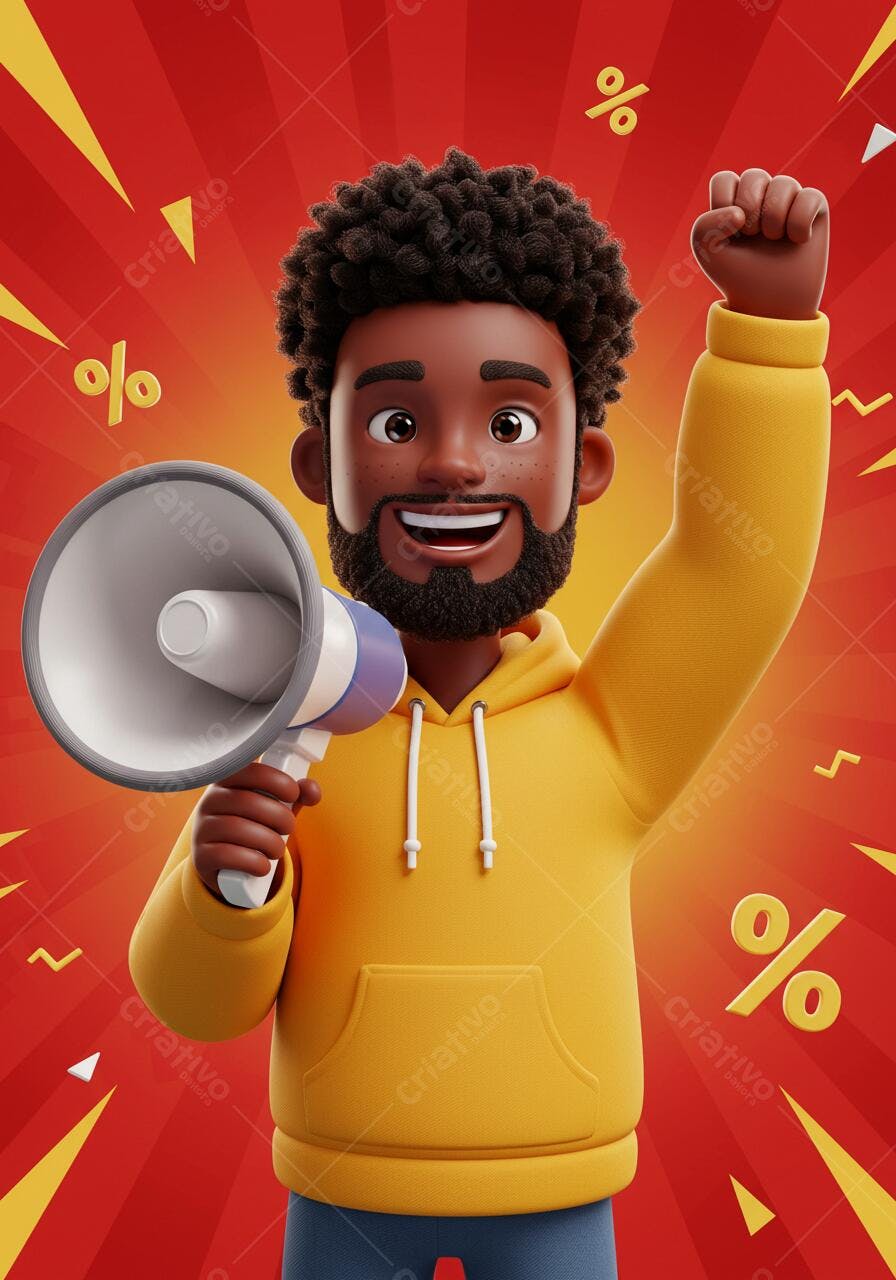 Homem negro com megafone anunciando promoção