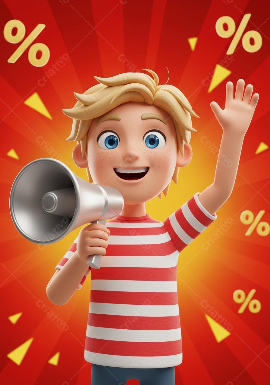 Menino anunciando promoções com megafone