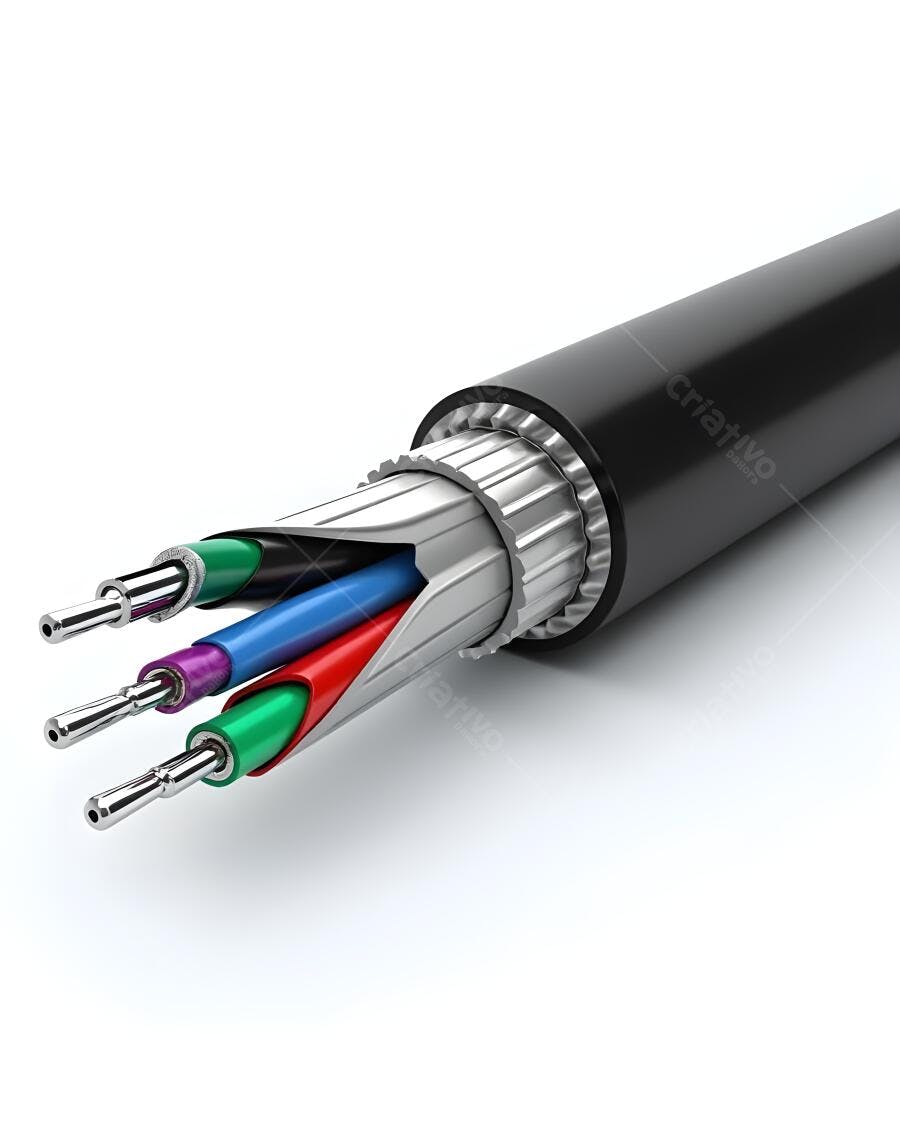 Cabo de fibra óptica seccionado cores verde azul vermelho roxo