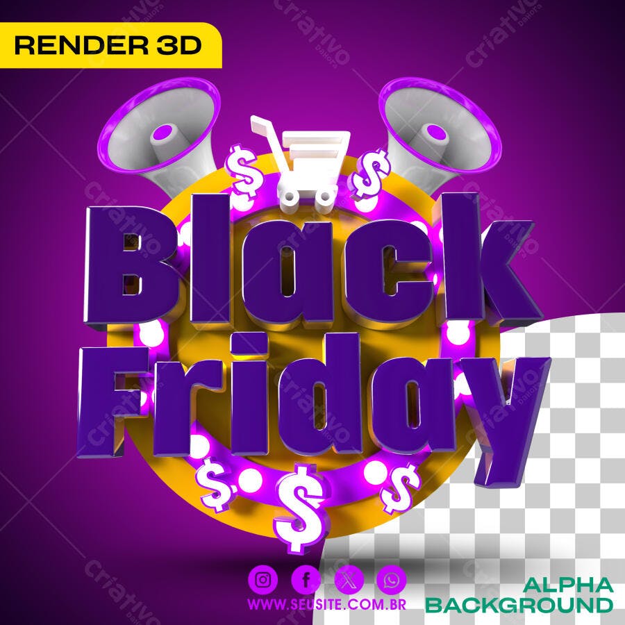 Selo 3D Black Friday roxo e amarelo