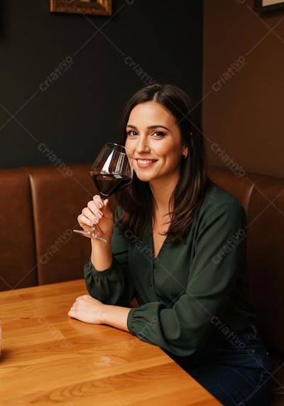 Mulher Bebendo um Vinho num Bar Sozinha Sorridente