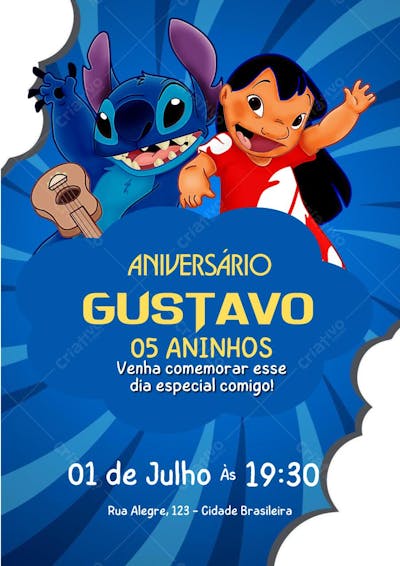 MODELO NOVO DE CARTÃO DE FELIZ ANIVERSÁRIO Lilo e Stitch EDITÁVEL NO CANVA 2025