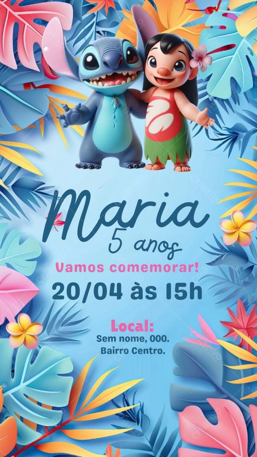 Convite de Aniversário Infantil Stitch e Lilo Editável no Canva