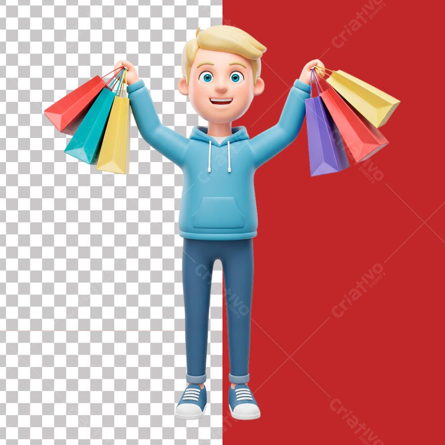 Personagem 3D com Sacolas de Compras PSD Editável