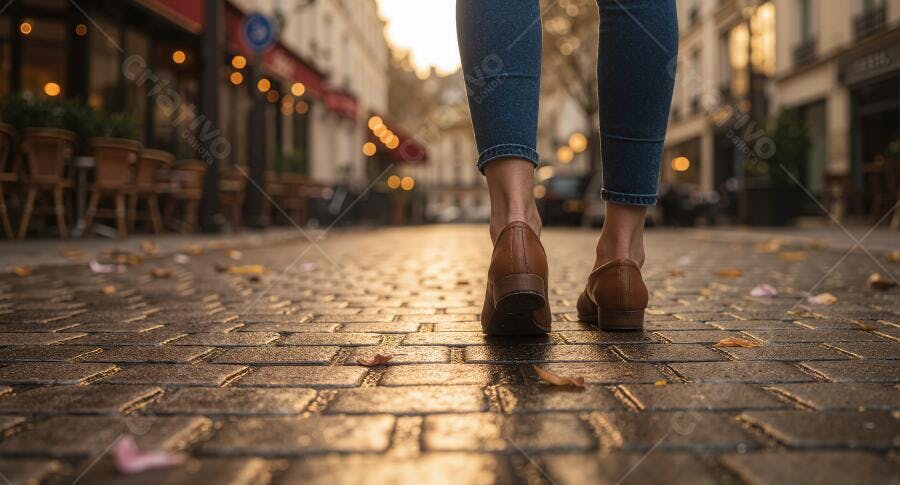 Pés de mulher em rua de paralelepípedos ao entardecer
