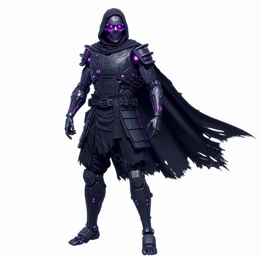 Samurai robótico negro com detalhes roxos