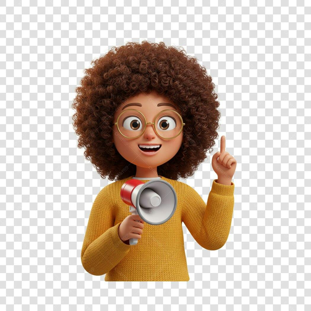 Ilustração PNG com fundo transparente garota afro com megafone