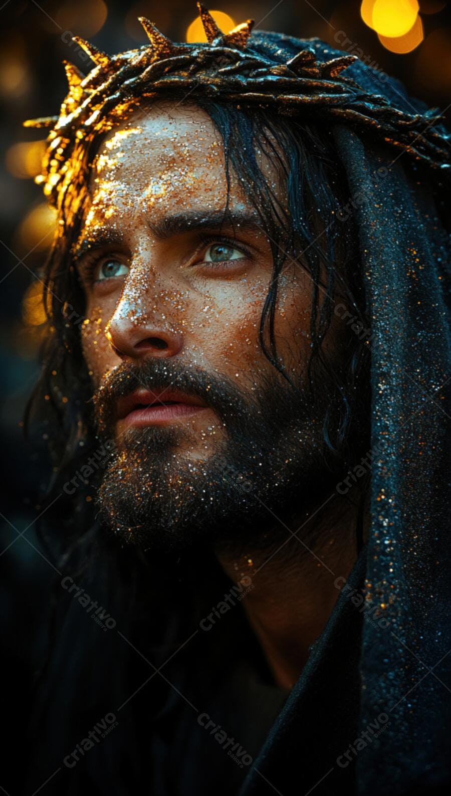Homem com coroa de espinhos dourado e brilho