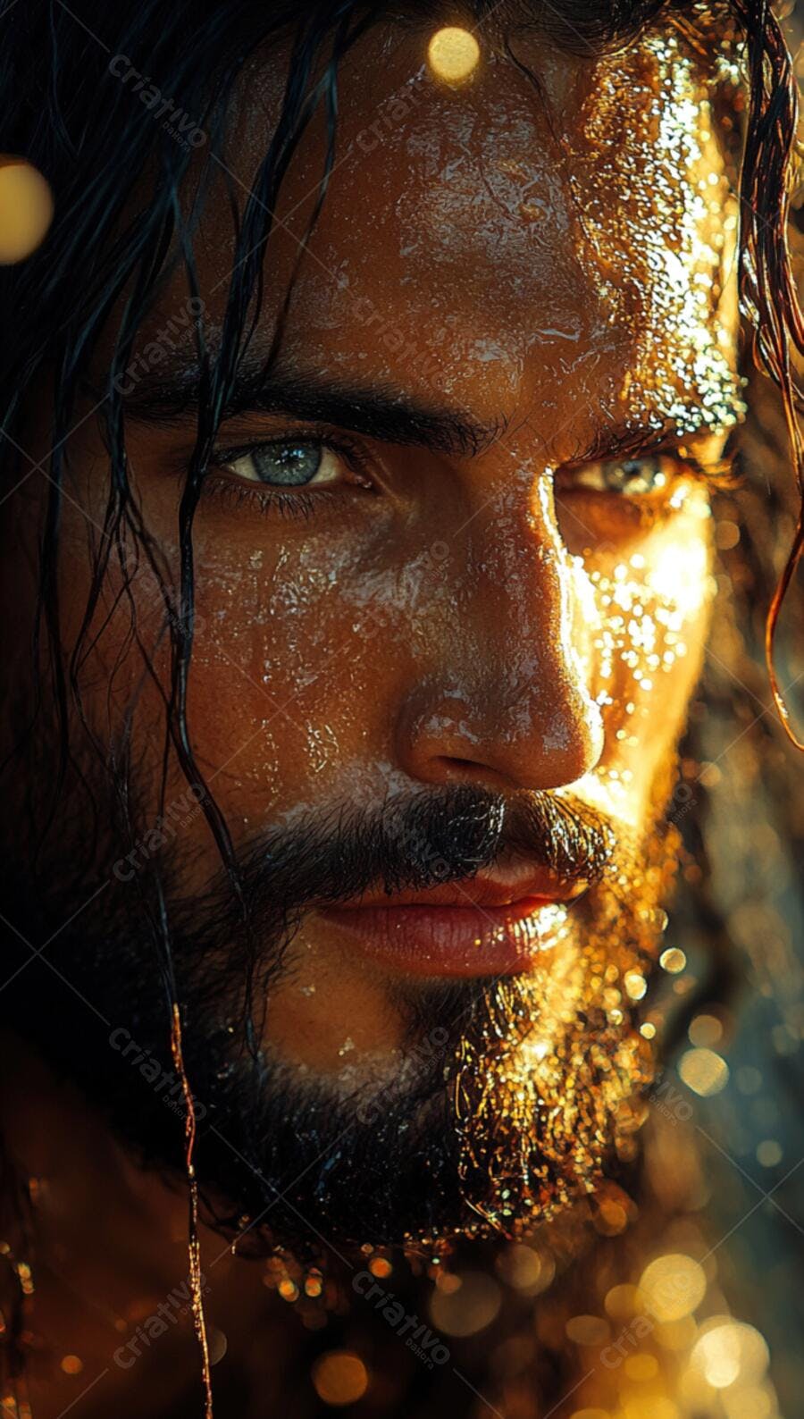 Homem barbudo molhado com olhos azuis