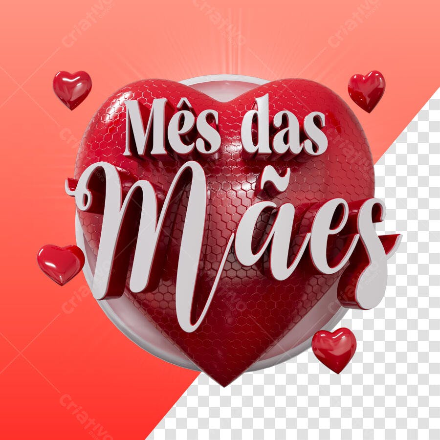 Selo 3D Dia das Mães Vermelho e Branco em Formato de Coração