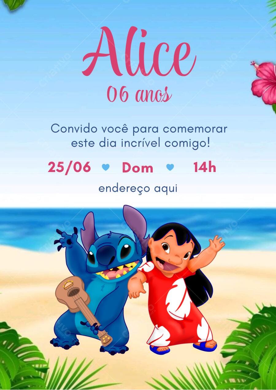 Convite de Aniversário Infantil Stitch e Lilo Havaiano Editável no Canva