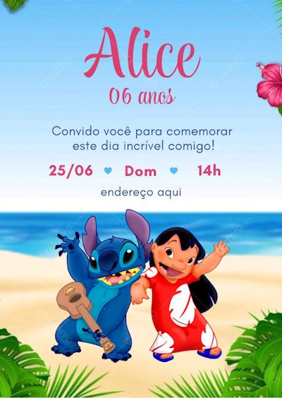 Convite de aniversário infantil Lilo & Stitch tropical