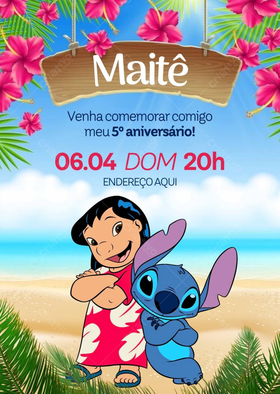 Convite Aniversário Infantil Lilo e Stitch Havaiano Editável no Canva