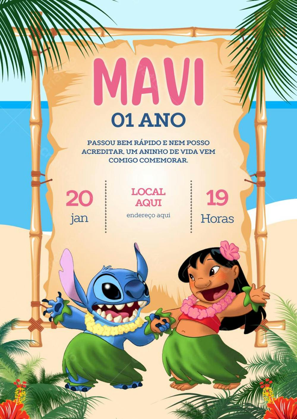 Convite de aniversário infantil Lolo & Stitch dançando na praia