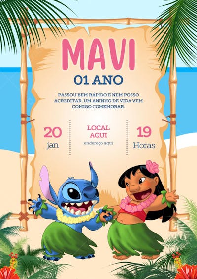 Convite de aniversário infantil Lolo & Stitch dançando na praia