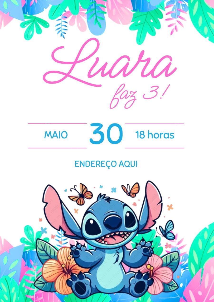 Convite de Aniversário Infantil Stitch Tropical Editável no Canva