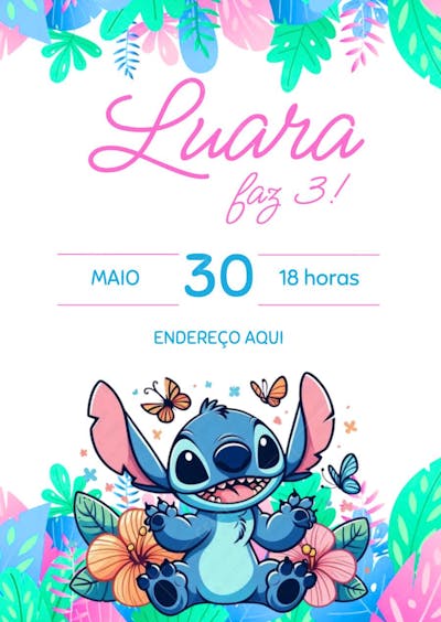 Convite de aniversário infantil Stitch floral tropical