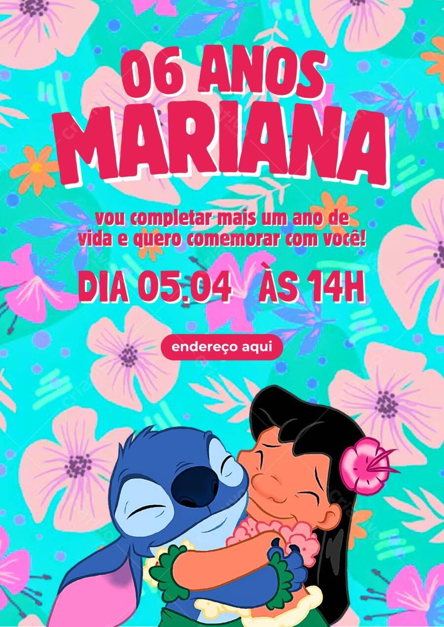 Convite de Aniversário Infantil Stitch e Lilo Editável no Canva
