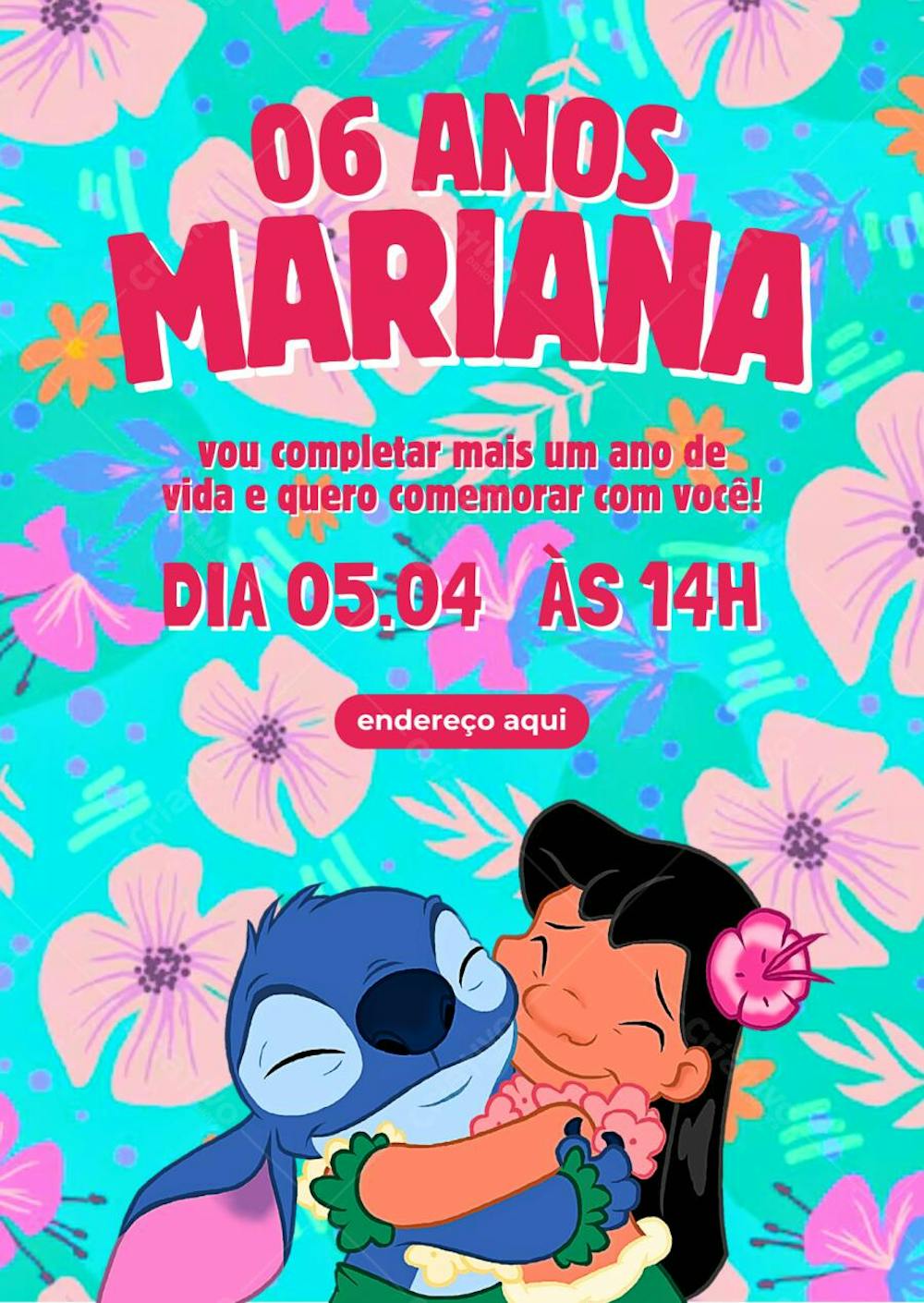 Convite de aniversário infantil Lilo & Stitch abraço floral azul e rosa