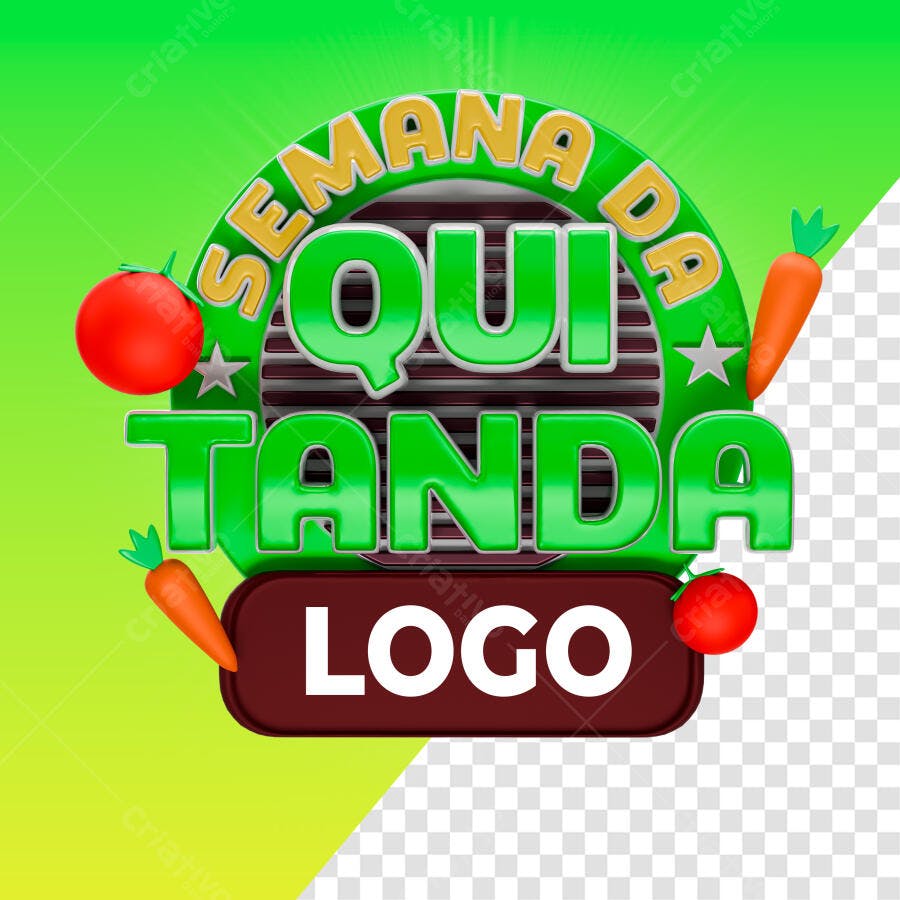 Selo 3D promocional verde e marrom com cenoura e tomate