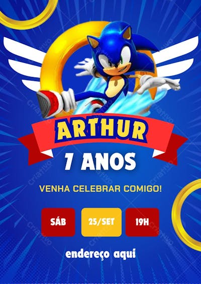 Convite aniversário infantil Sonic com banner