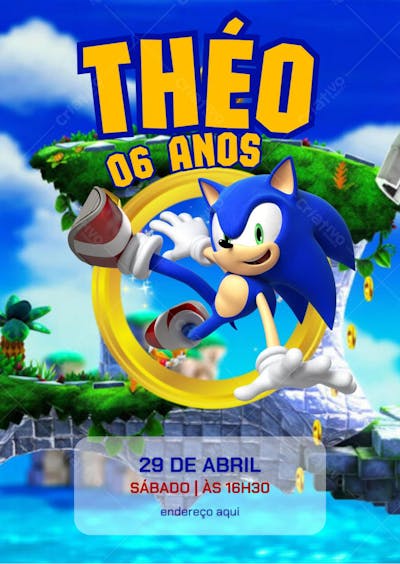 Convite de aniversário infantil Sonic vídeo game