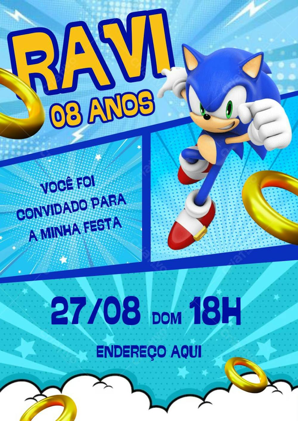 Convite de aniversário infantil Sonic em quadrinhos