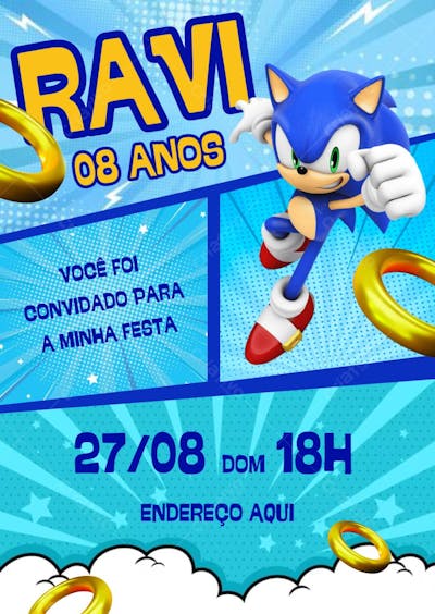 Convite de aniversário infantil Sonic em quadrinhos