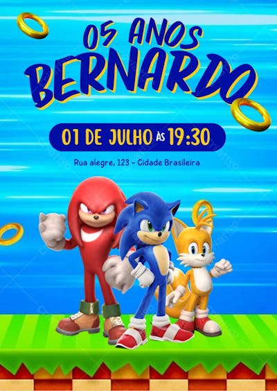 Convite aniversário infantil Sonic e sua turma