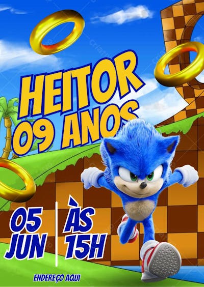 Convite de aniversário infantil Sonic correndo