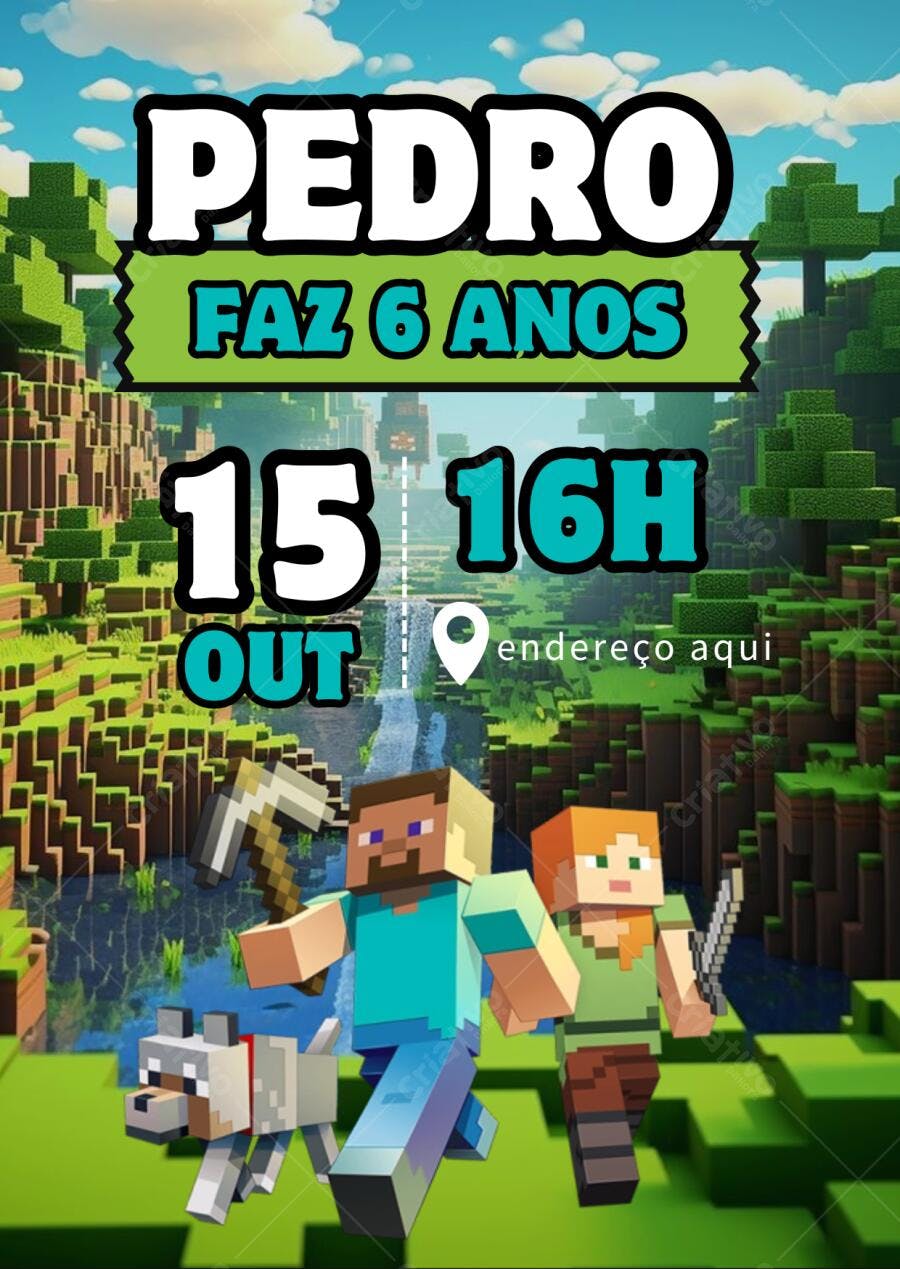 Convite Festa Infantil Minecraft Editável no Canva