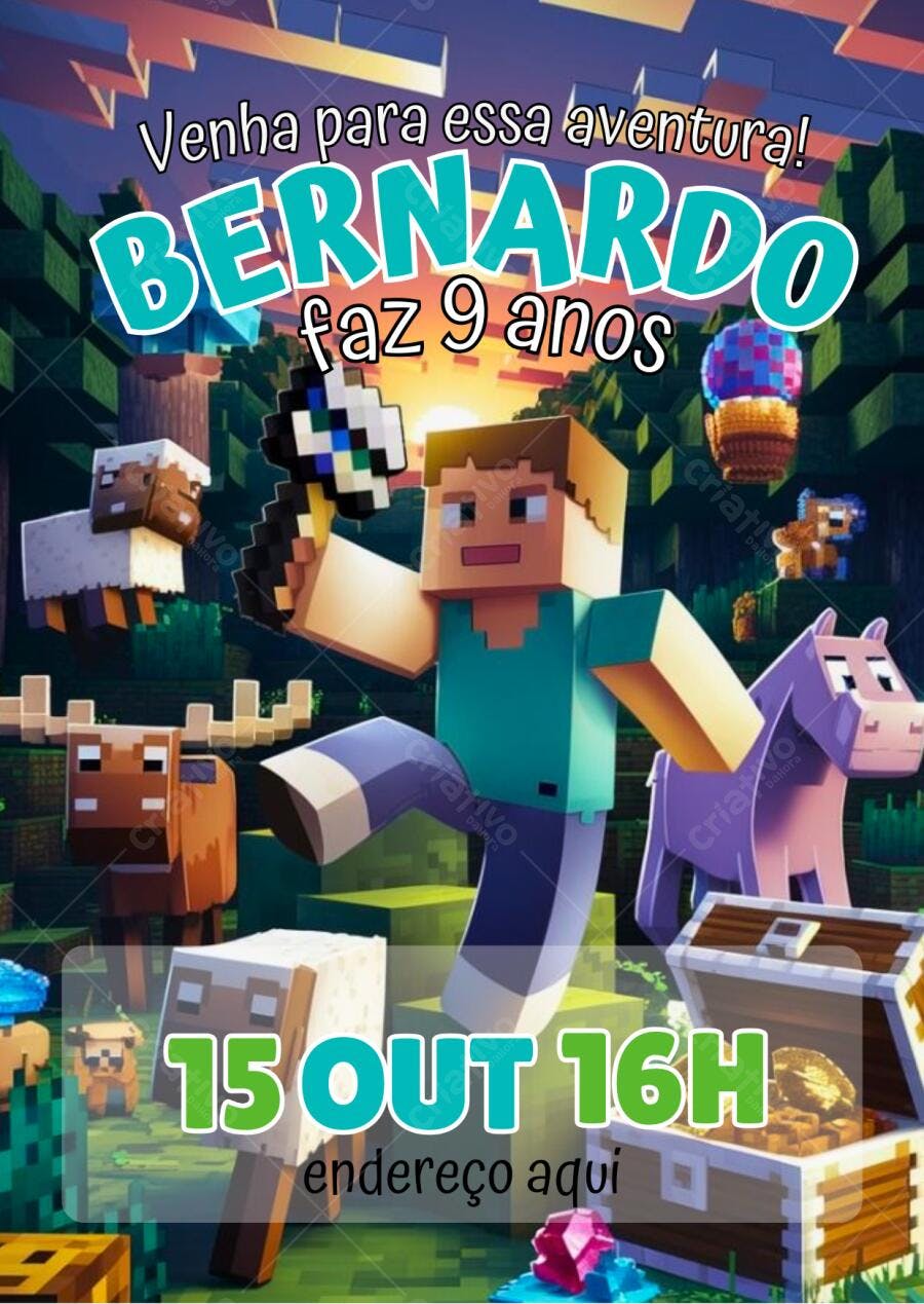 Convite de aniversário infantil tema Minecraft Editável no Canva