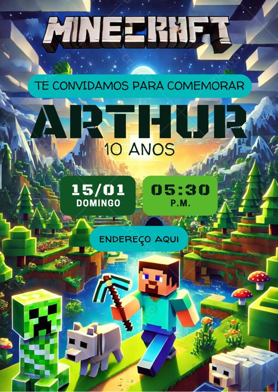 Convite de Aniversário Minecraft Arthur 10 Anos Editável no Canva