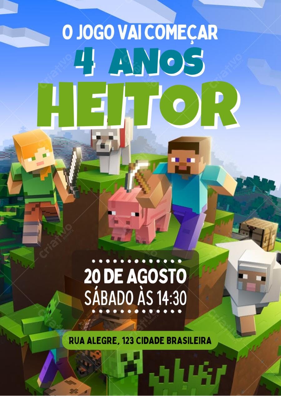 Convite Festa Minecraft com personagens e animais Editável no Canva