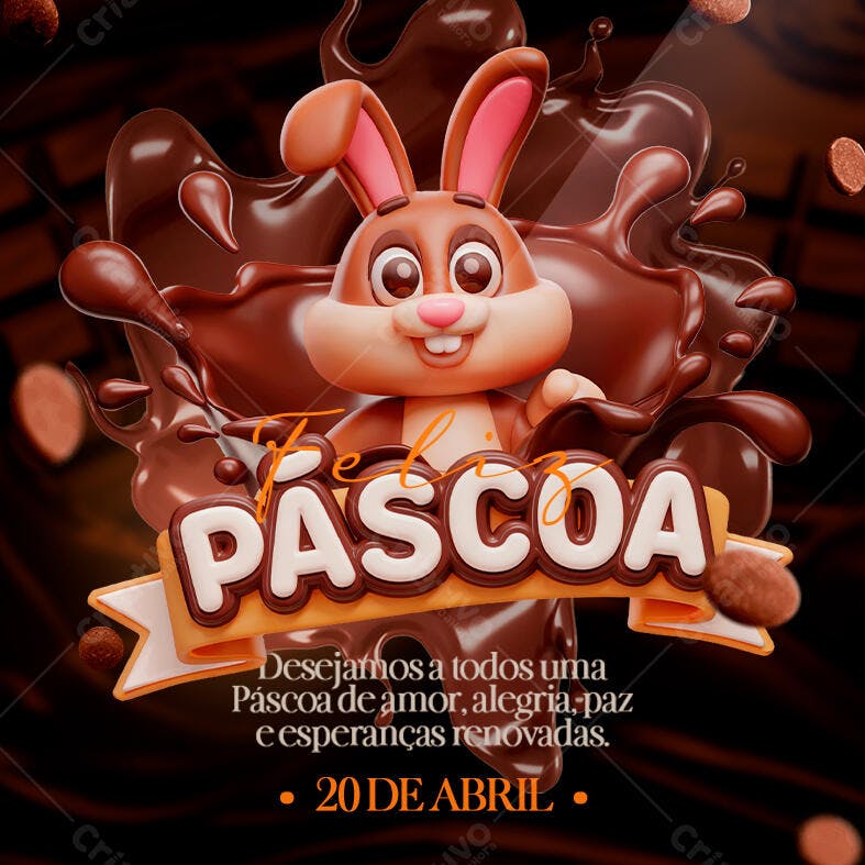 Flyer Páscoa com Coelho 3D PSD Editável