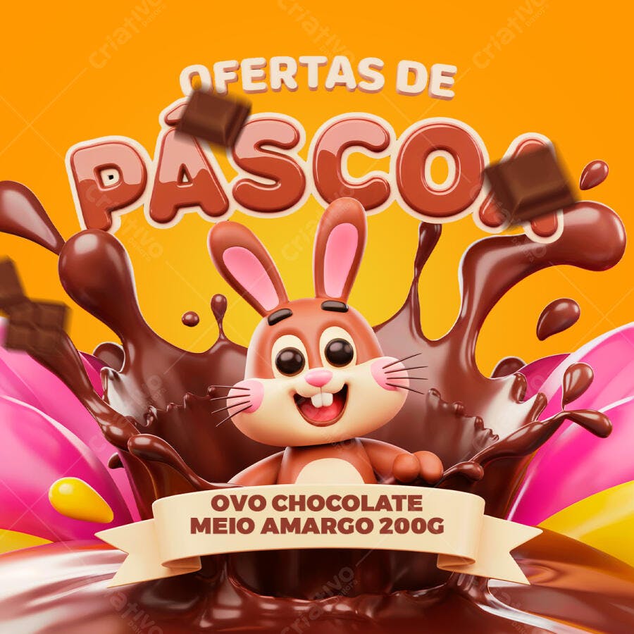 Flyer Páscoa com Coelho 3D PSD Editável