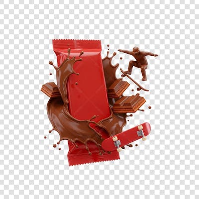 Produto embalagem 3D com elementos de skate e chocolate
