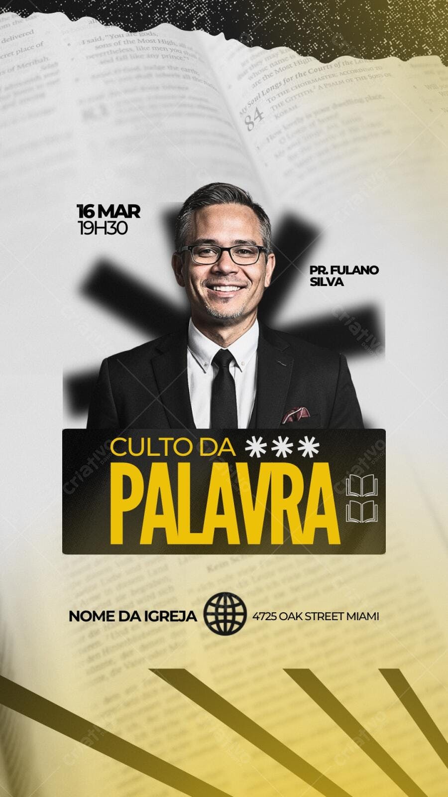 Flyer de Culto da Palavra com Pastor Editável no Canva