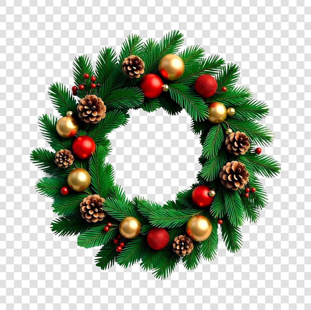Guirlanda Verde com Bolas de Natal Douradas e Pinhas PNG Transparente