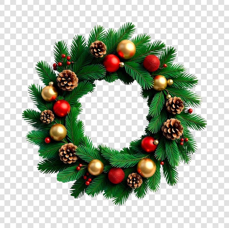 Guirlanda Verde com Bolas de Natal Douradas e Pinhas PNG Transparente