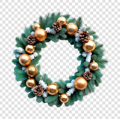 Guirlanda Verde com Bolas de Natal Douradas e Pinhas PNG Transparente