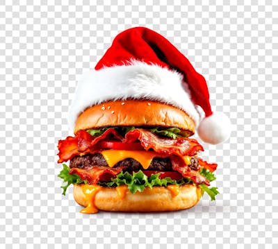 Hamburguer com Bacon e Cheddar com Gorro de Natal PNG Transparente