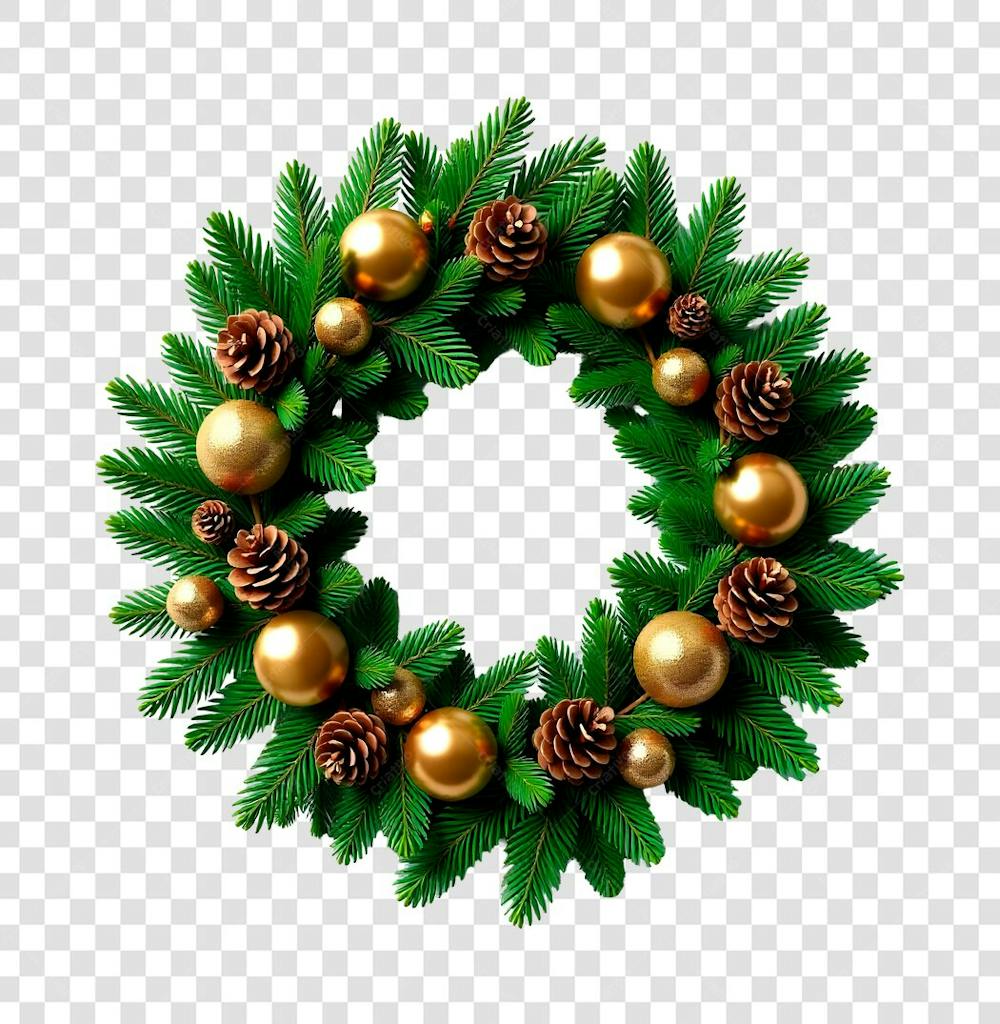 Guirlanda Verde com Bolas de Natal Douradas e Pinhas PNG Transparente
