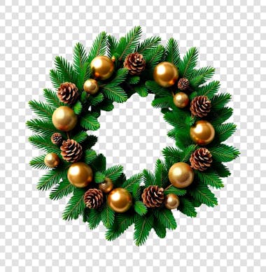 Guirlanda Verde com Bolas de Natal Douradas e Pinhas PNG Transparente