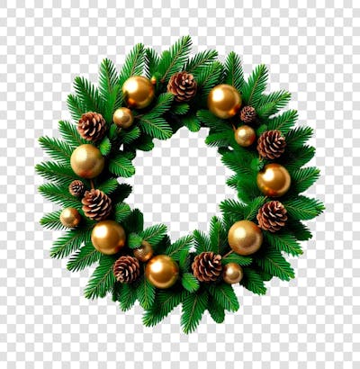 Guirlanda Verde com Bolas de Natal Douradas e Pinhas PNG Transparente