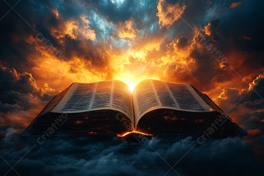Livro aberto sobre nuvens ao amanhecer