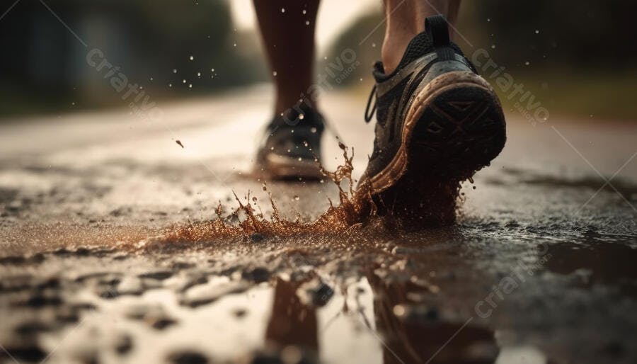Pé em poça d'água corrida ao entardecer