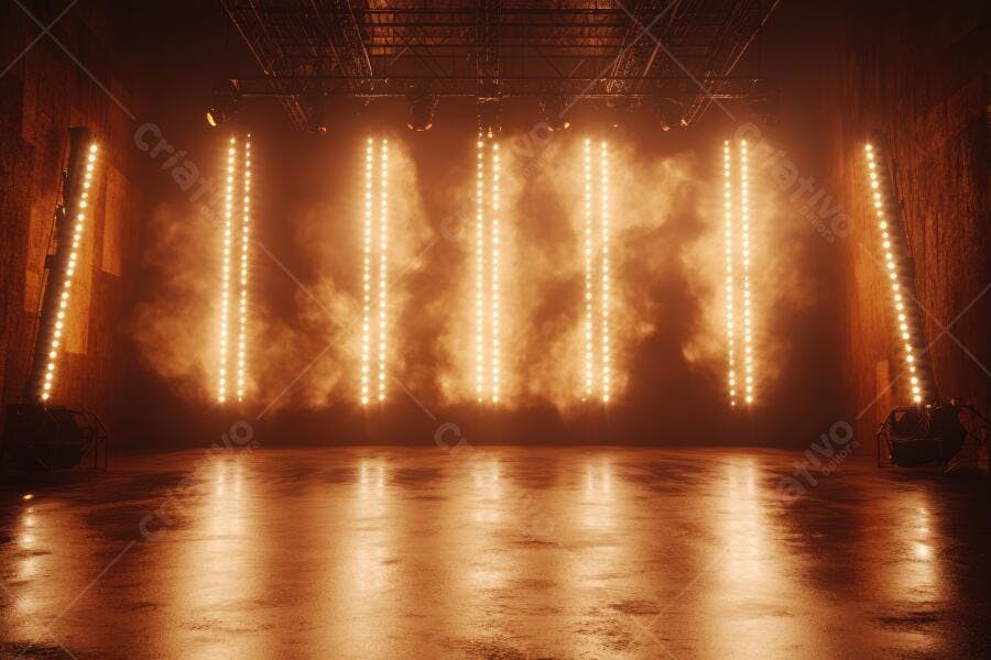 Palco iluminado com luzes quentes e névoa