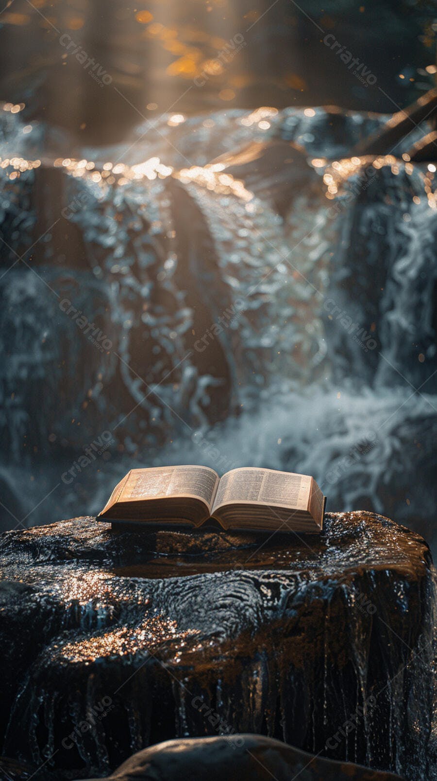 Livro aberto sobre rocha perto de cachoeira