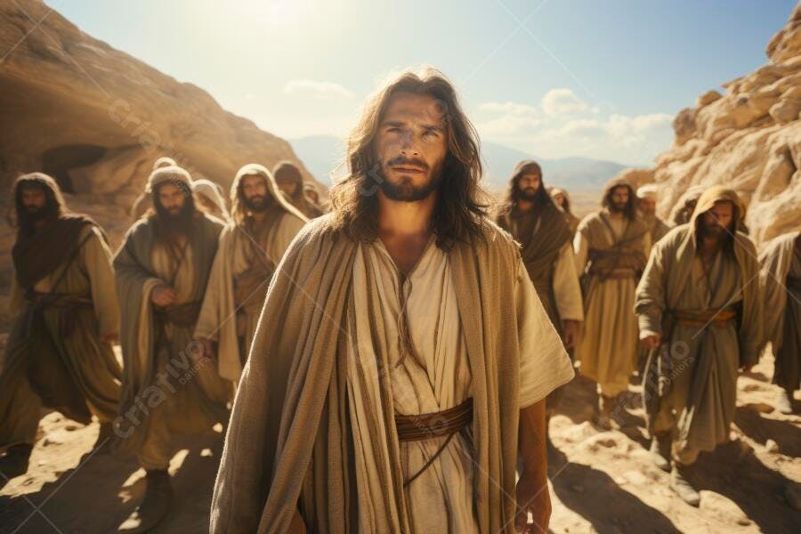 Jesus Cristo liderando seus discípulos no deserto